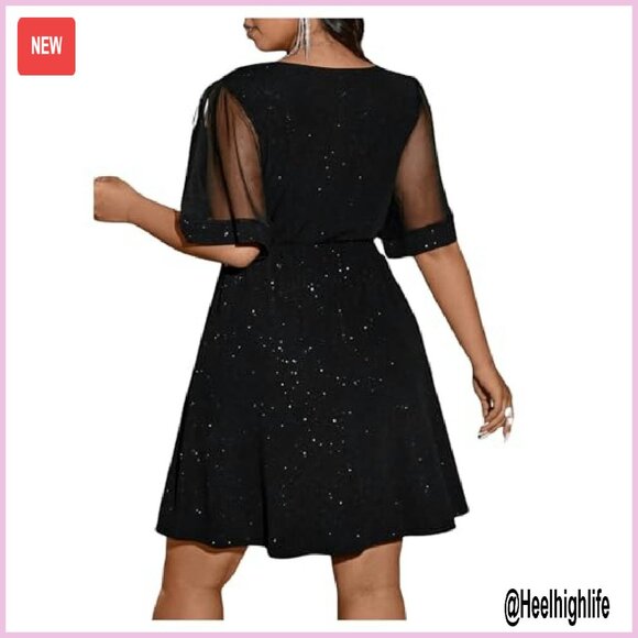 Plus Size Glitter Mesh Flared Hem A-Line Dress with V-Neck - Picture 3 of 7